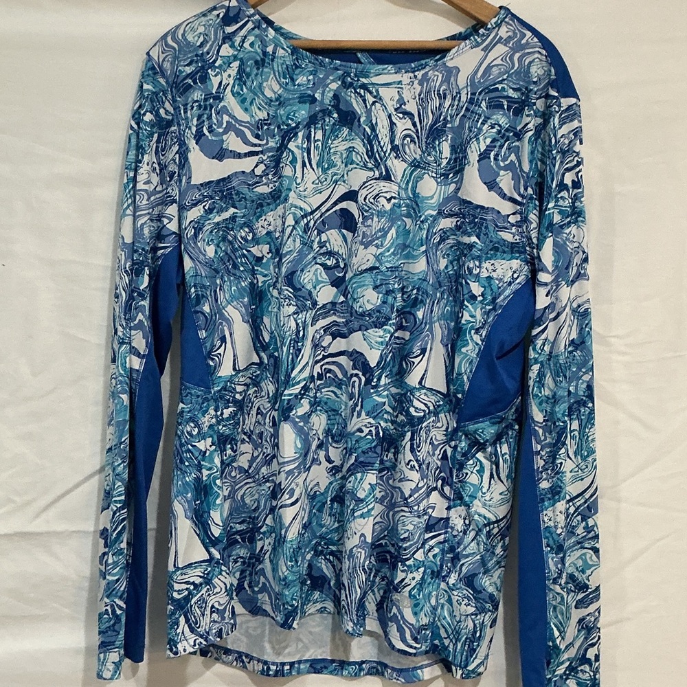 Reel Legends Teal and Navy Marble-Print Long Sleeve Tee